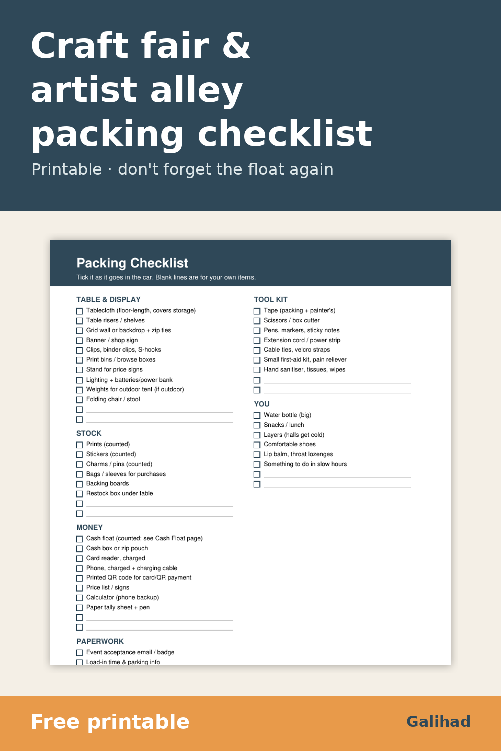 Printable packing checklist for craft fair and artist alley vendors with sections for display, stock, money, paperwork, tool kit, and personal items
