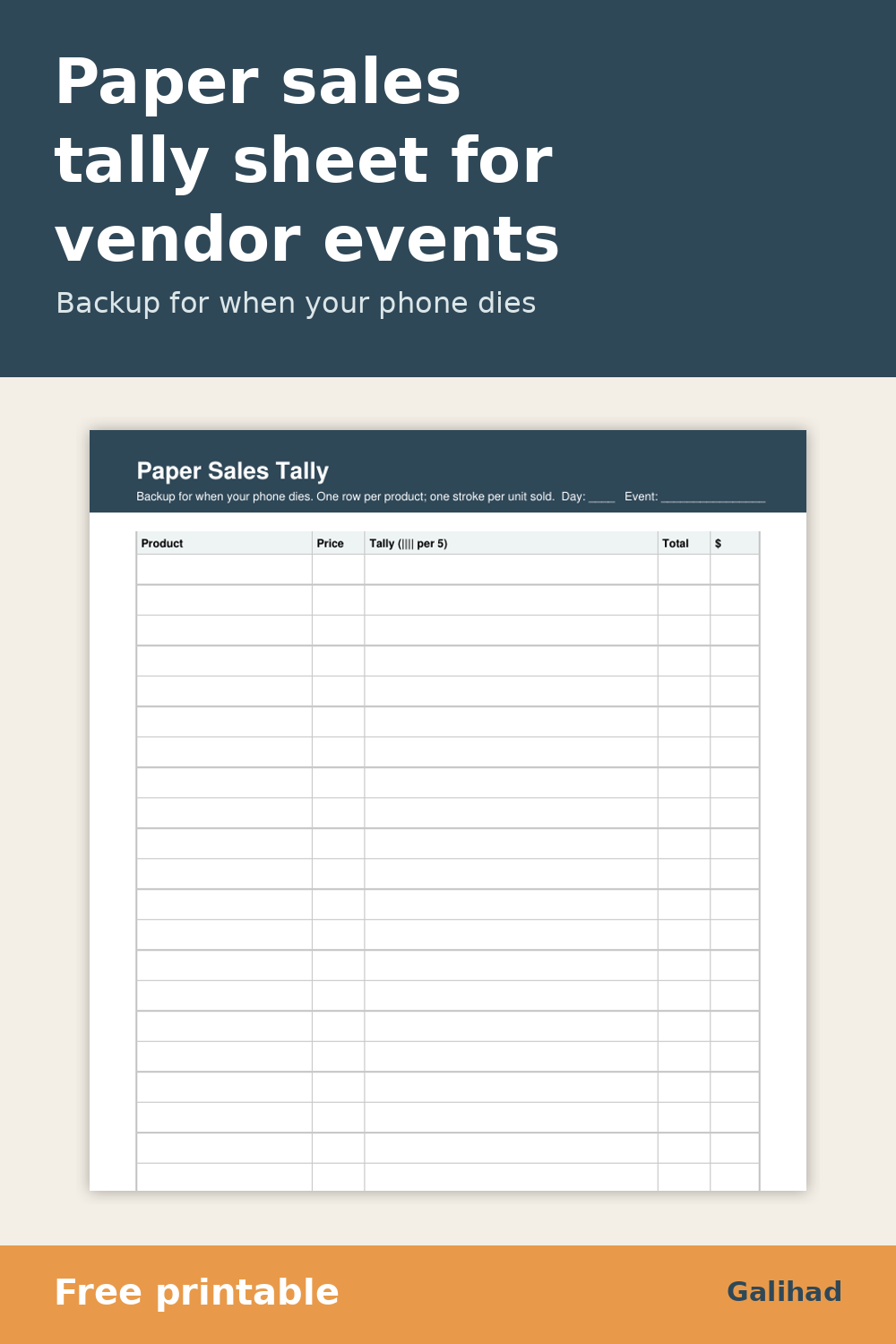 Printable paper sales tally sheet with columns for product, price, tally marks and totals